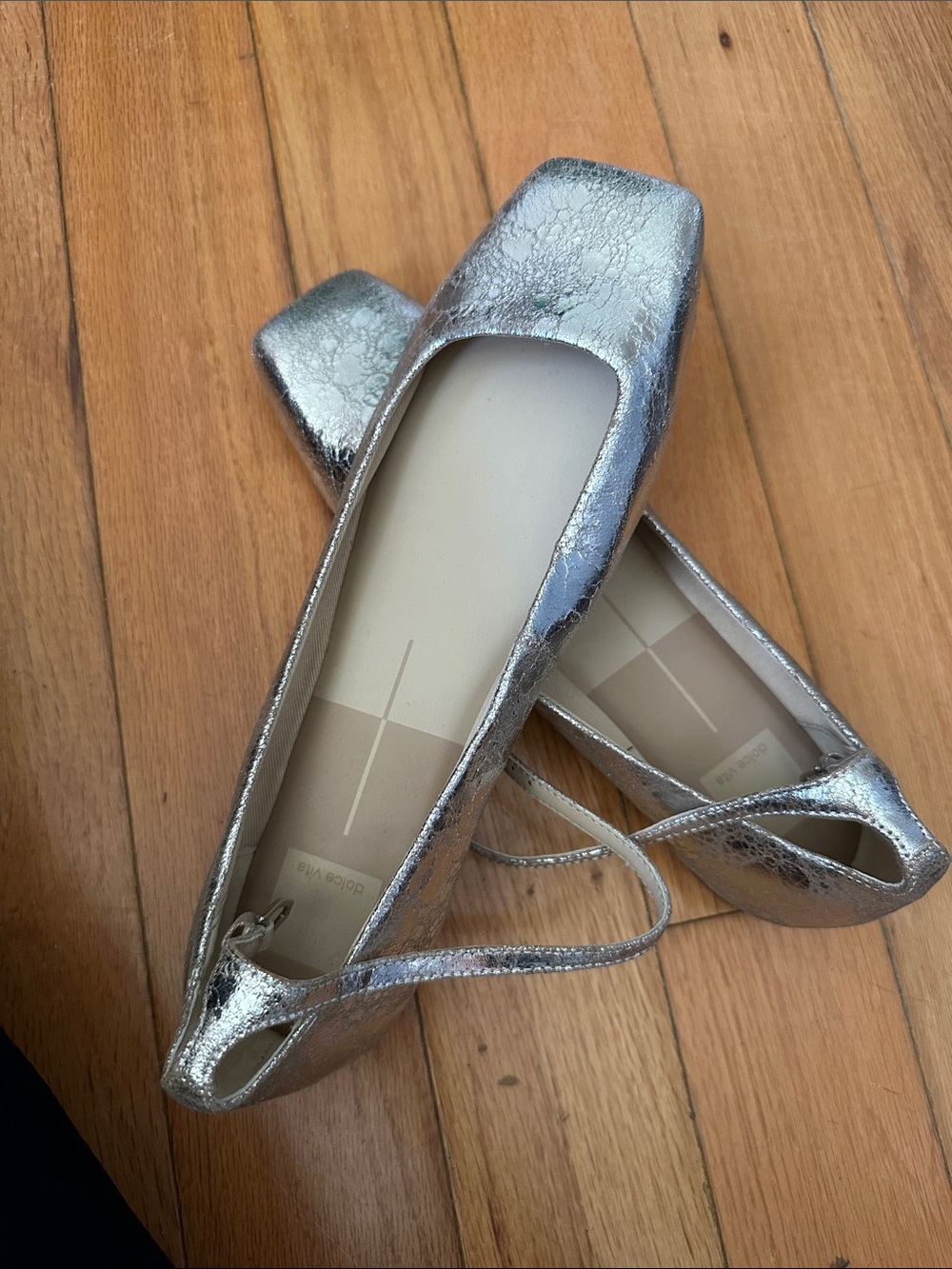 Dolce Vita Metallic Silver Square-Toe Ballet Flats with Strap